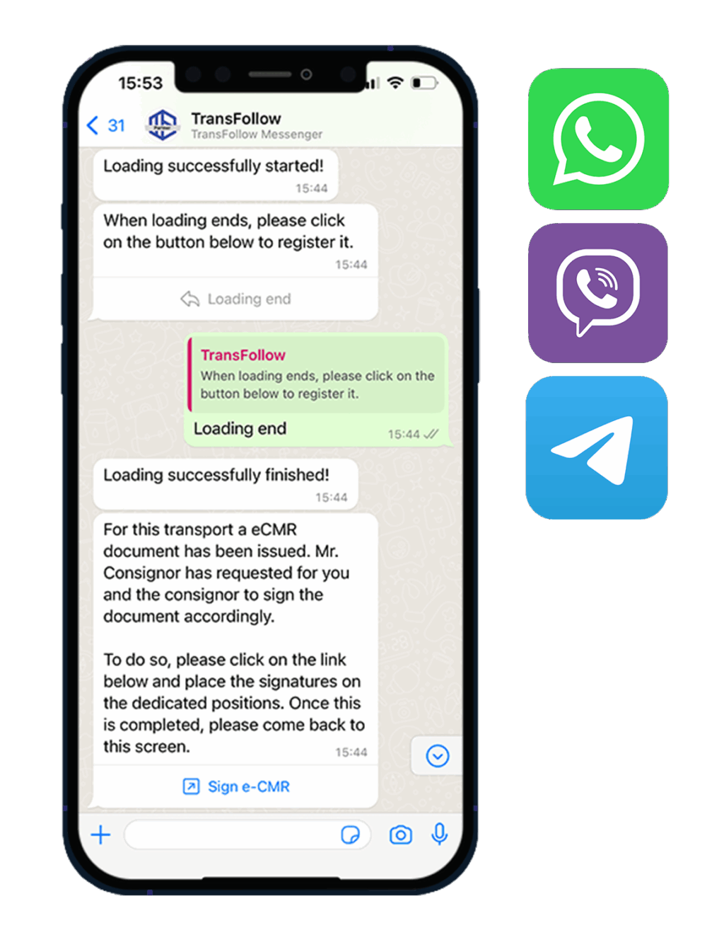 TransFollow Messenger with WhatsApp Viber and telegram icons