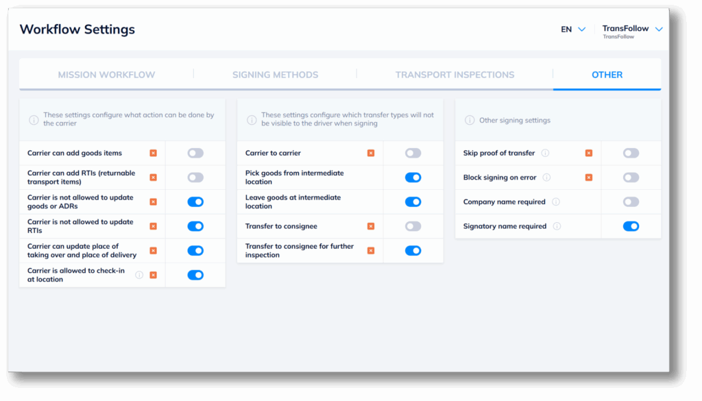 Workflow settings TransFollow Portal